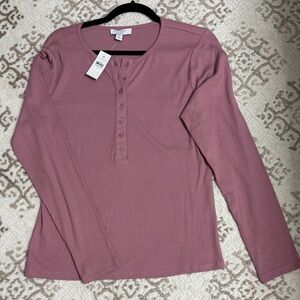 Ann Taylor Ribbed Henley Long Sleeve Top in Dusty Rose